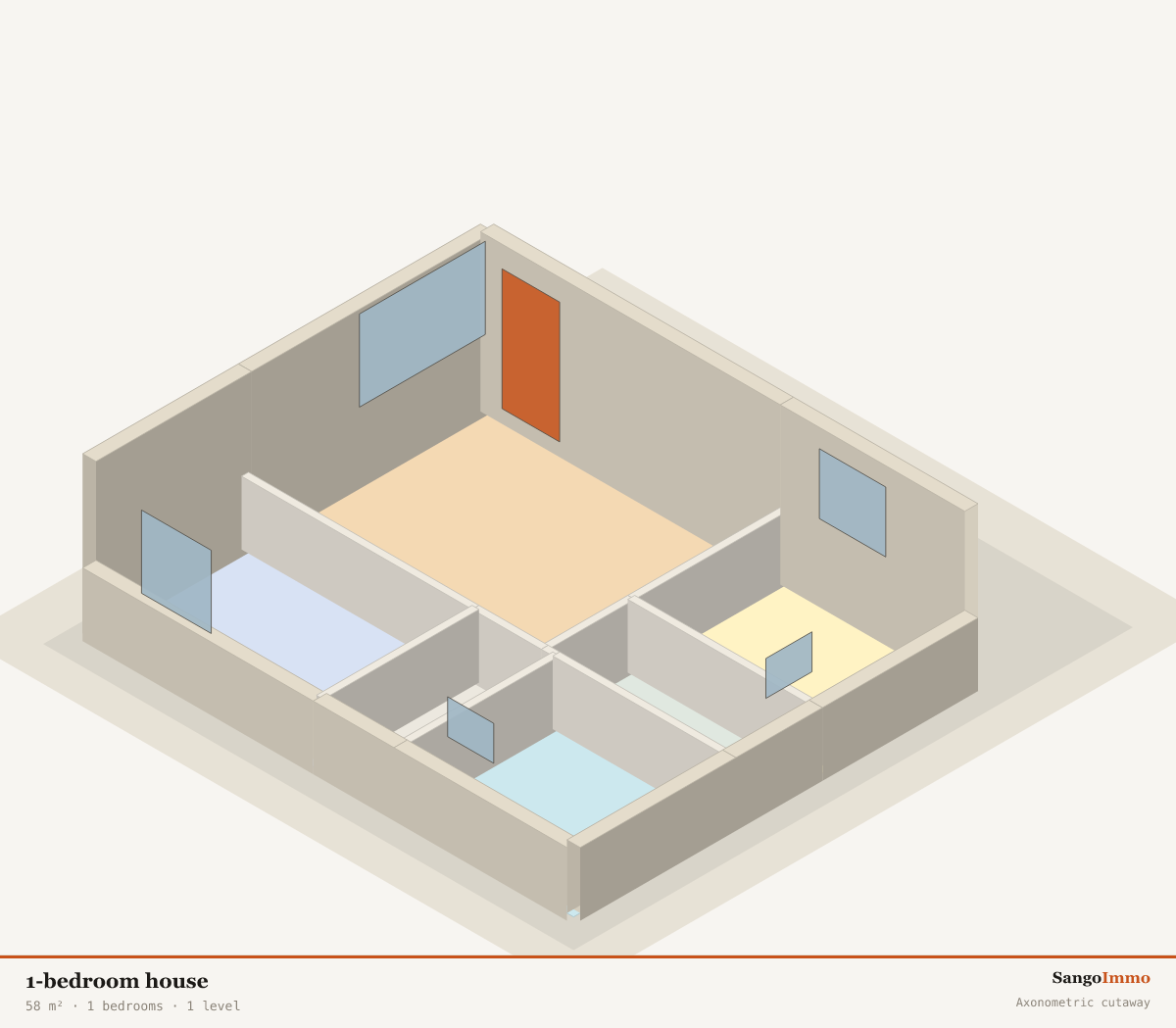 3D axonometric cutaway of a 1-bedroom house showing the layout of its 6 rooms over 1 level(s).