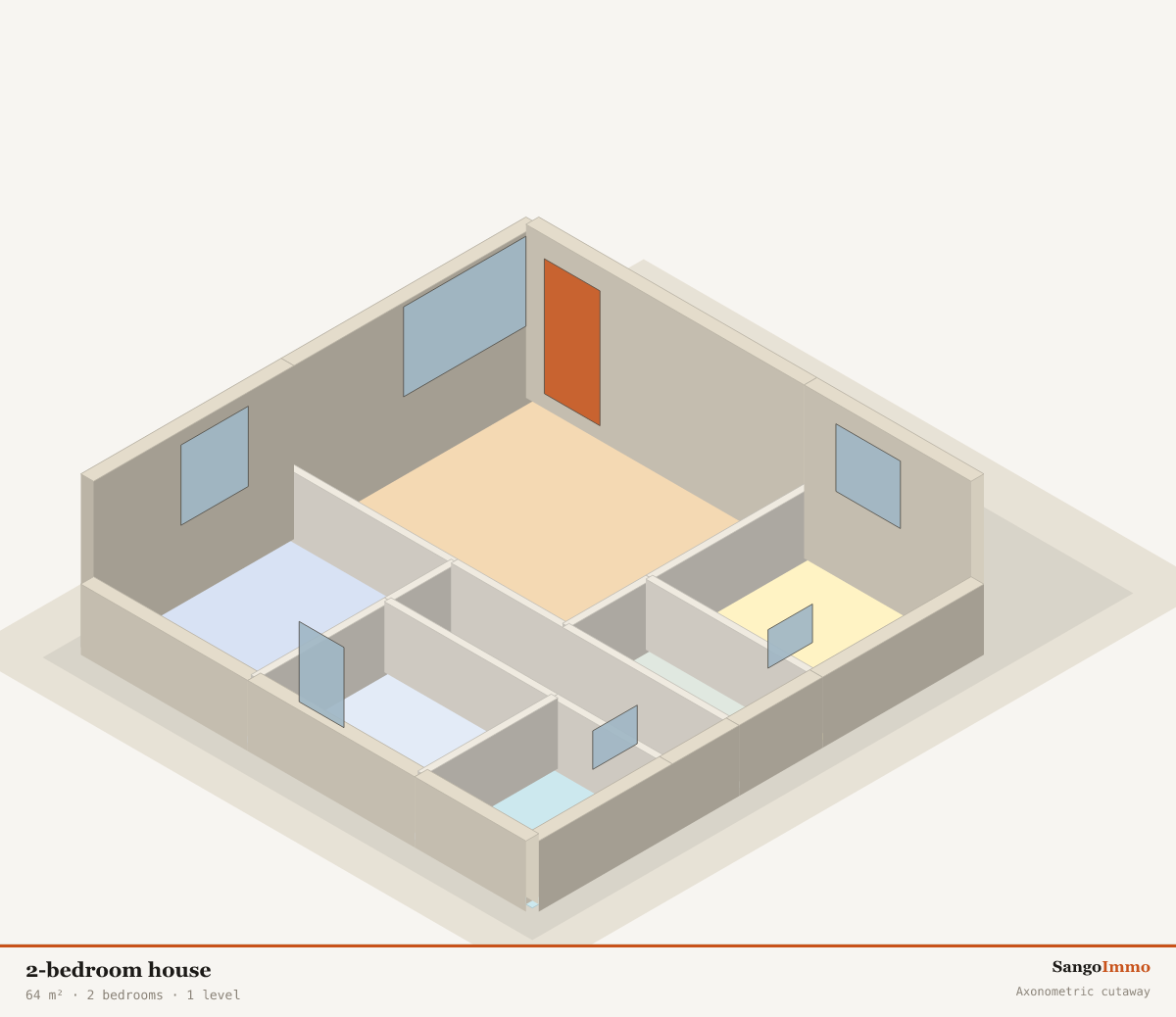 3D axonometric cutaway of a 2-bedroom house showing the layout of its 7 rooms over 1 level(s).