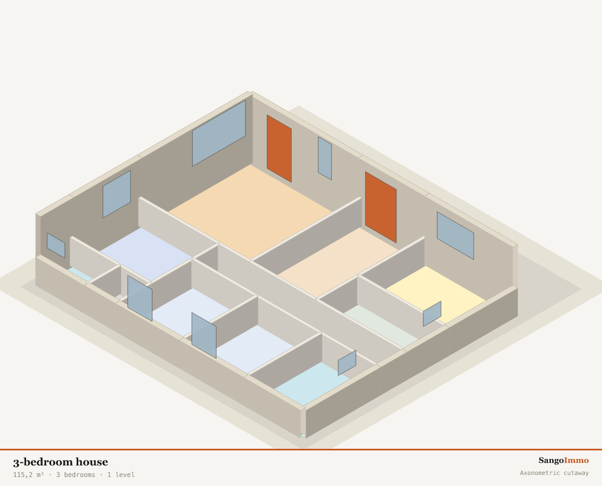 3D axonometric cutaway of a 3-bedroom house showing the layout of its 11 rooms over 1 level(s).