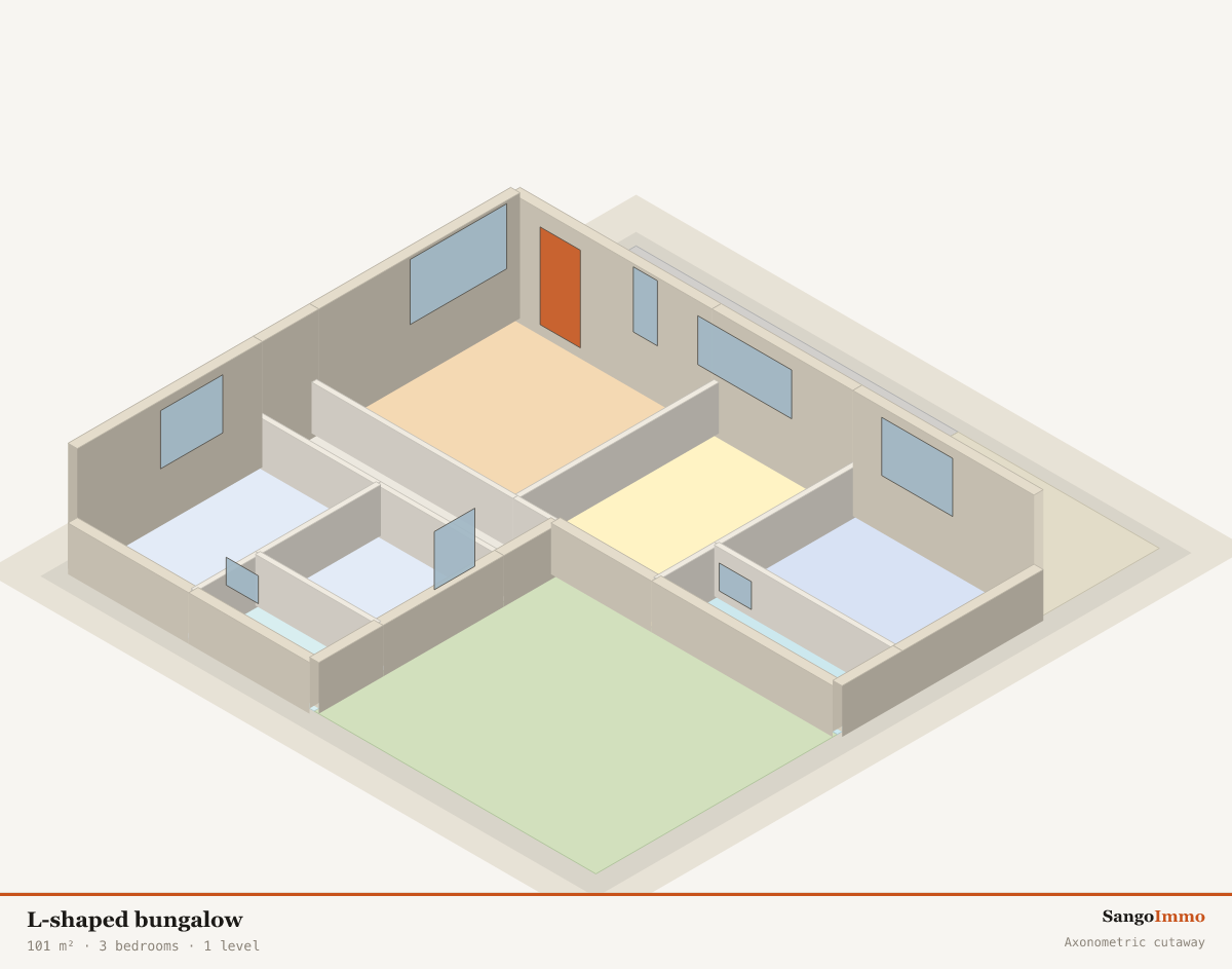3D axonometric cutaway of a L-shaped bungalow showing the layout of its 8 rooms over 1 level(s).