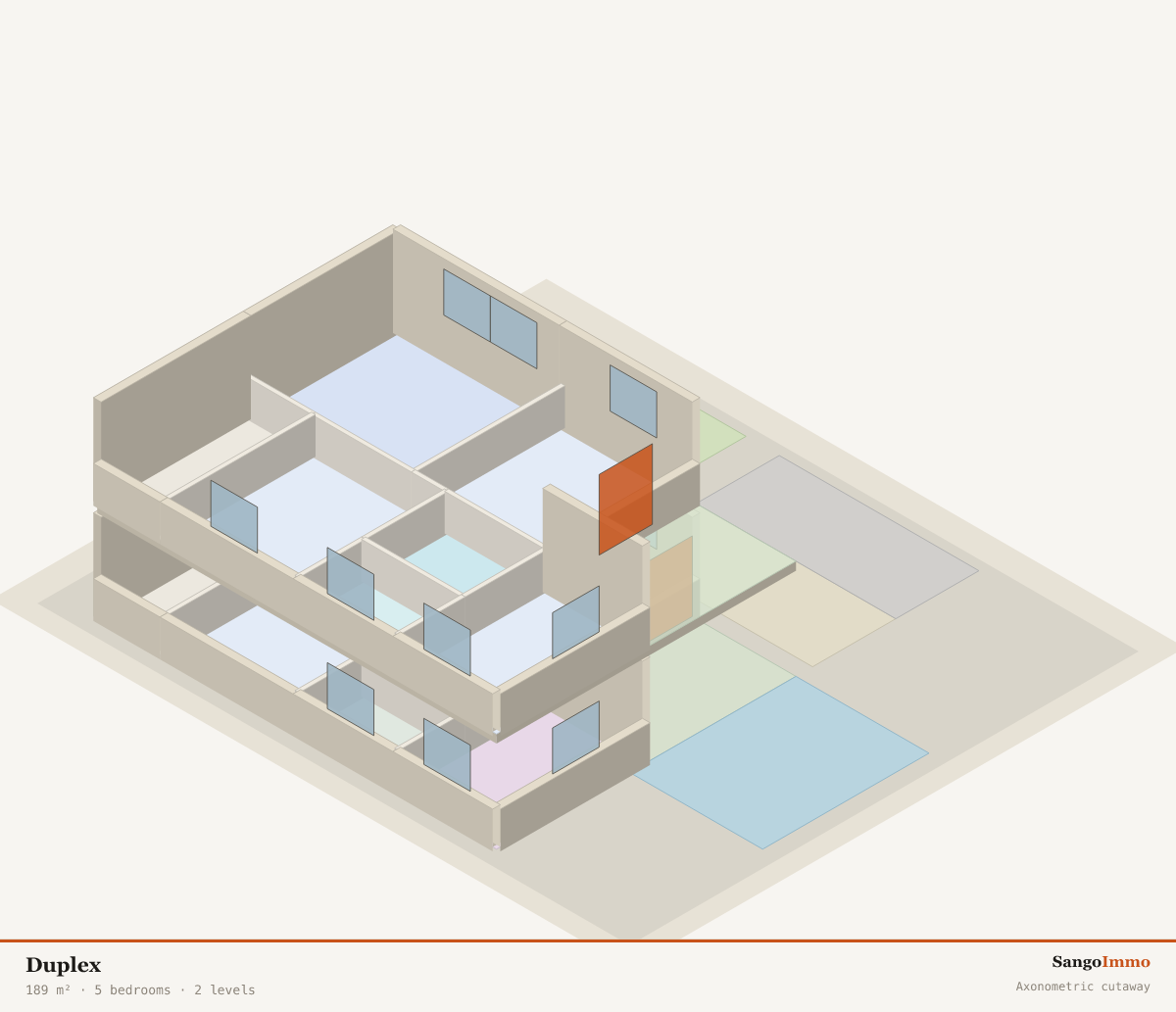 3D axonometric cutaway of a duplex showing the layout of its 15 rooms over 2 level(s).