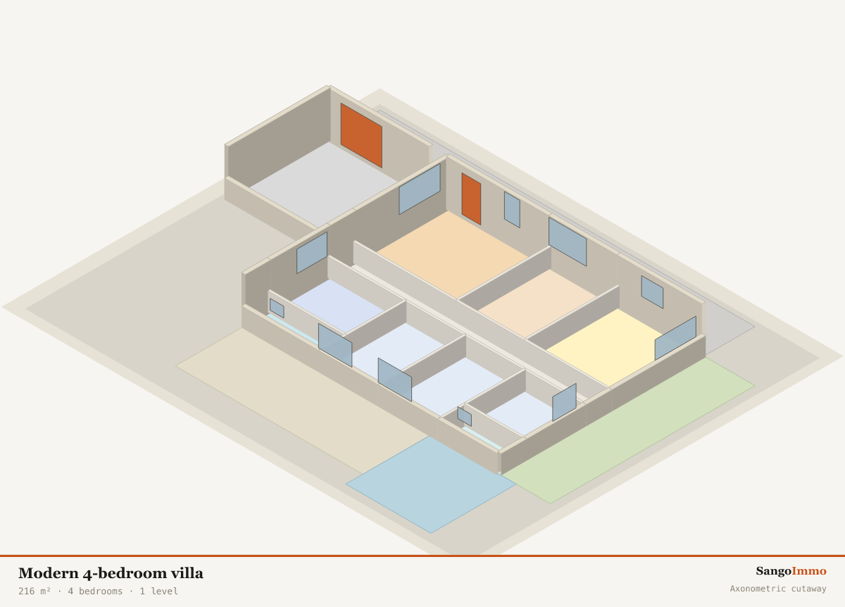 3D axonometric cutaway of a modern 4-bedroom villa showing the layout of its 11 rooms over 1 level(s).