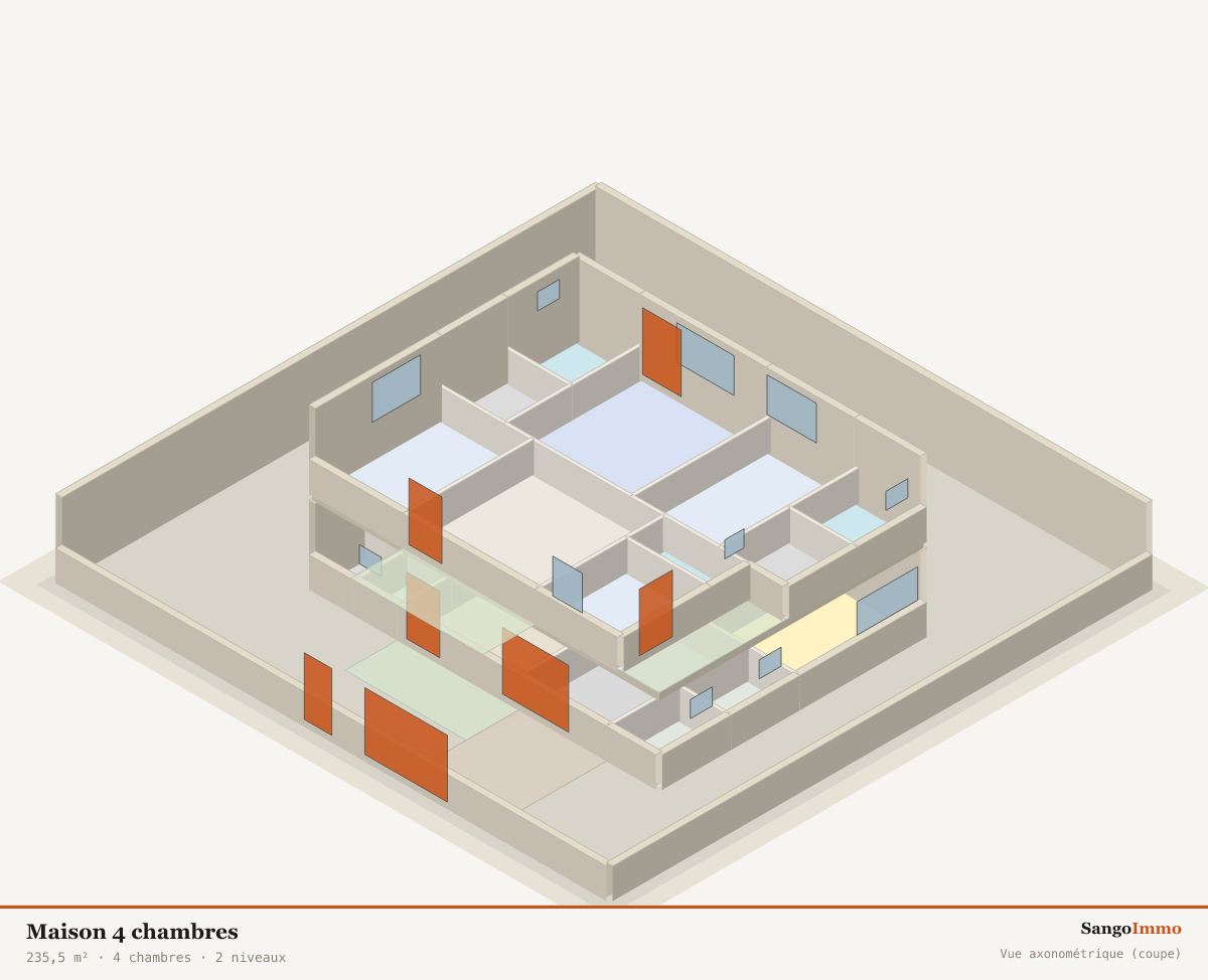 Vue 3D axonométrique en coupe d'une maison 4 chambres montrant la distribution de ses 20 pièces sur 2 niveau(x).