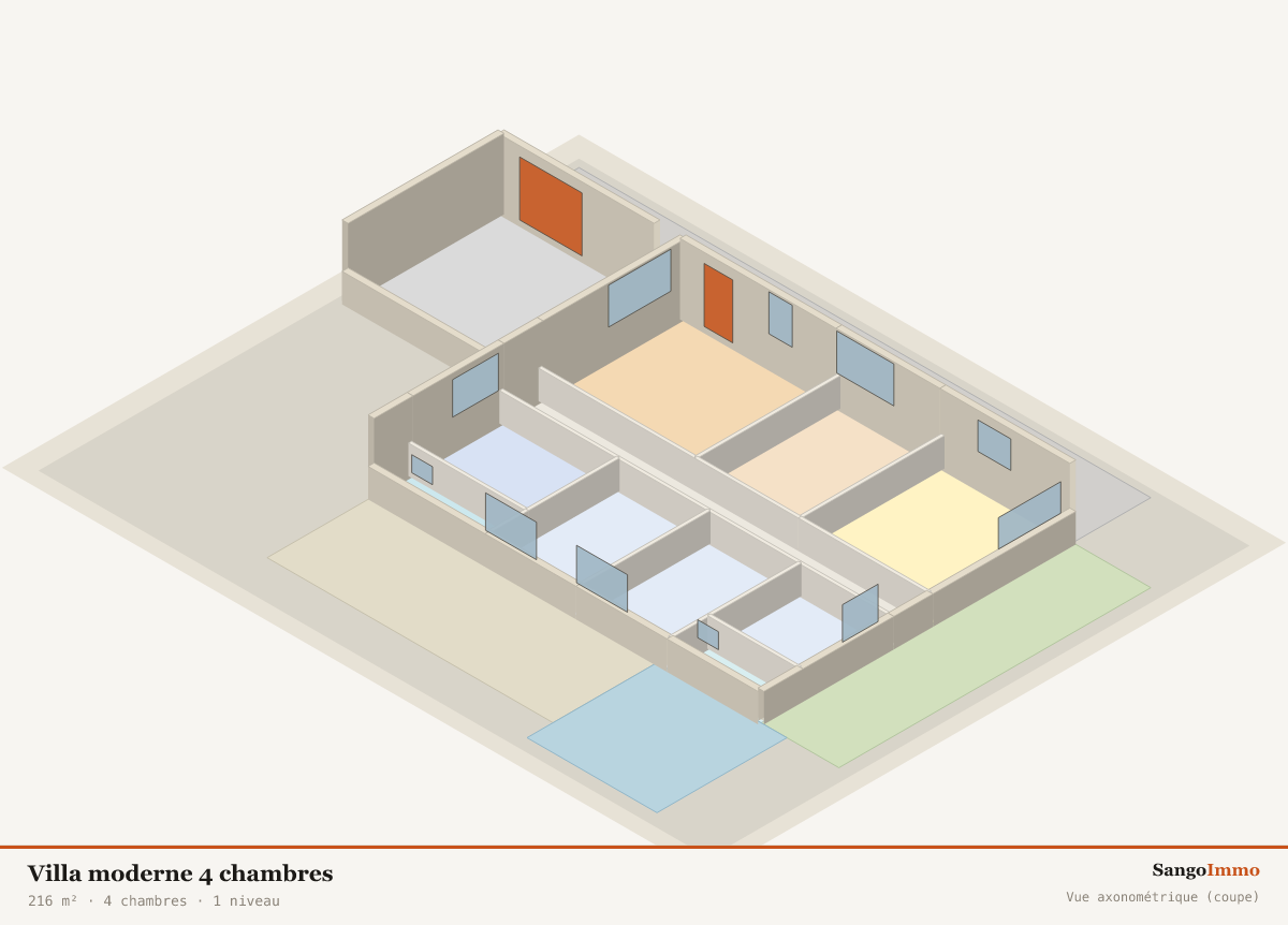 Vue 3D axonométrique en coupe d'une villa moderne 4 chambres montrant la distribution de ses 11 pièces sur 1 niveau(x).