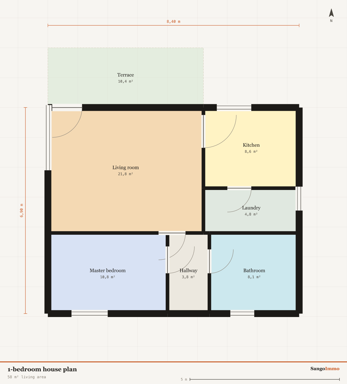 Dimensioned floor plan of a 1-bedroom house: 1 bedrooms, 58 m² living area, 8,40 by 6,90 m footprint.