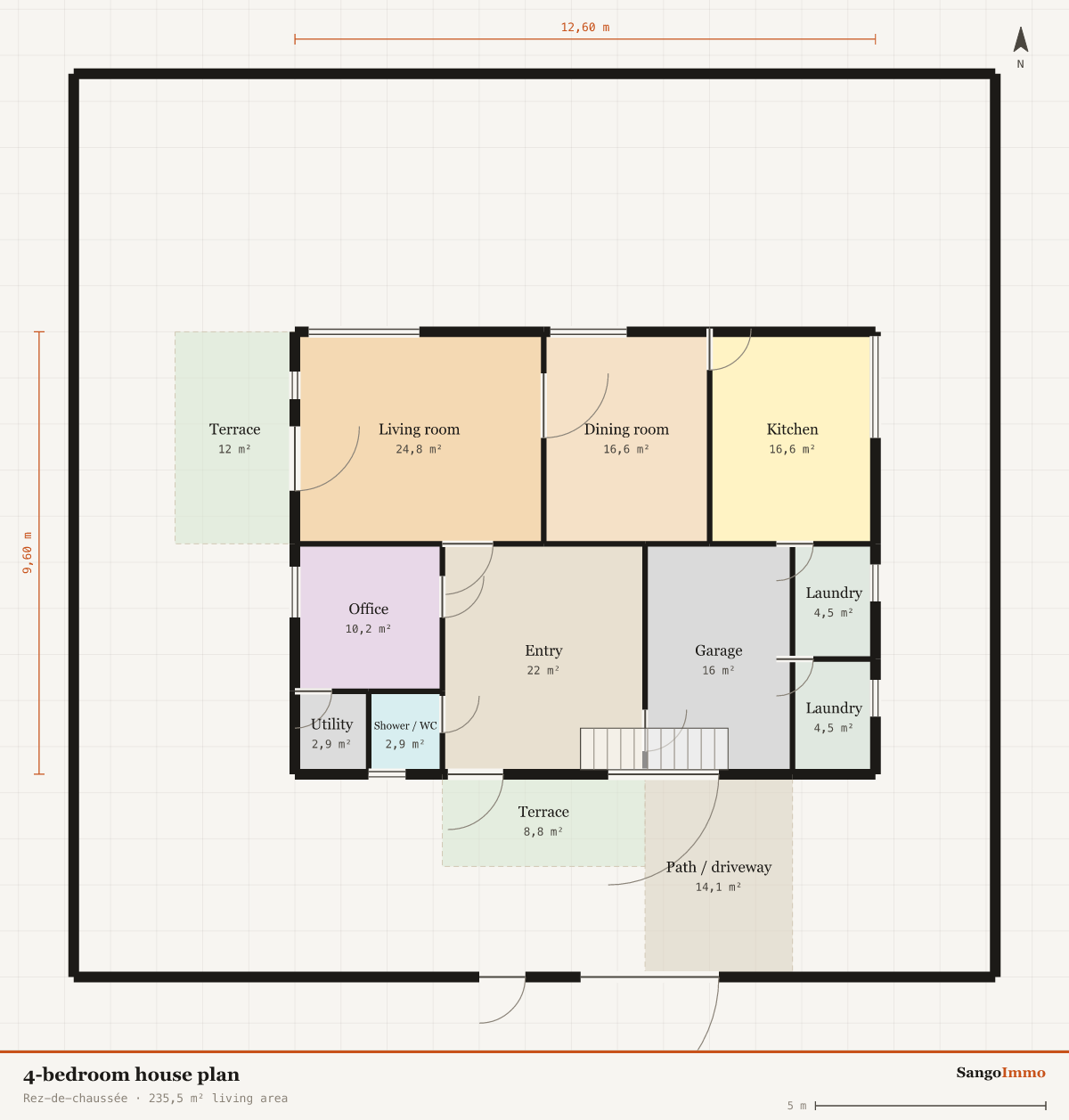 Dimensioned floor plan of a 4-bedroom house, Rez-de-chaussée: 4 bedrooms, 235,5 m² living area, 12,60 by 9,60 m footprint.