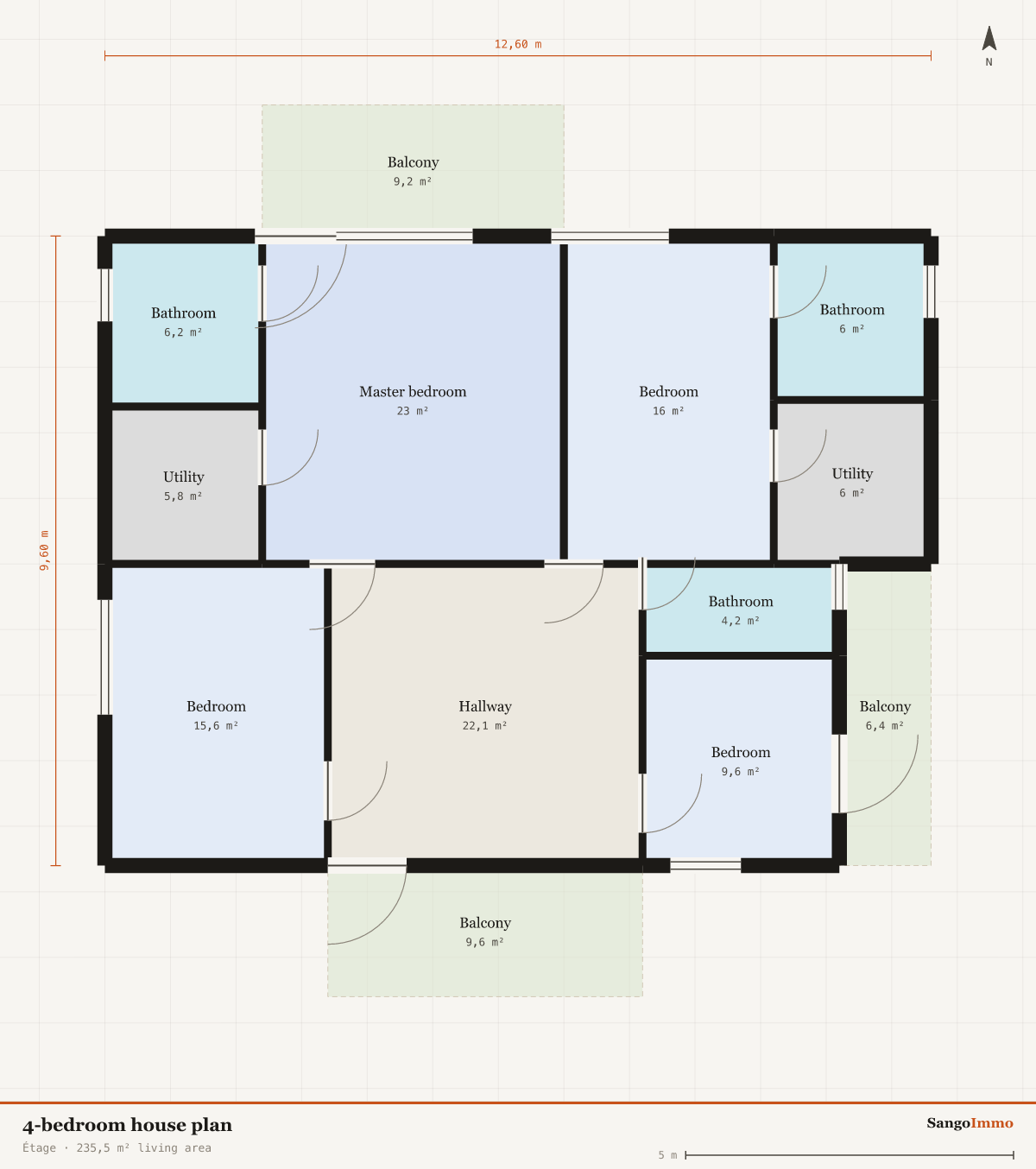 Dimensioned floor plan of a 4-bedroom house, Étage: 4 bedrooms, 235,5 m² living area, 12,60 by 9,60 m footprint.