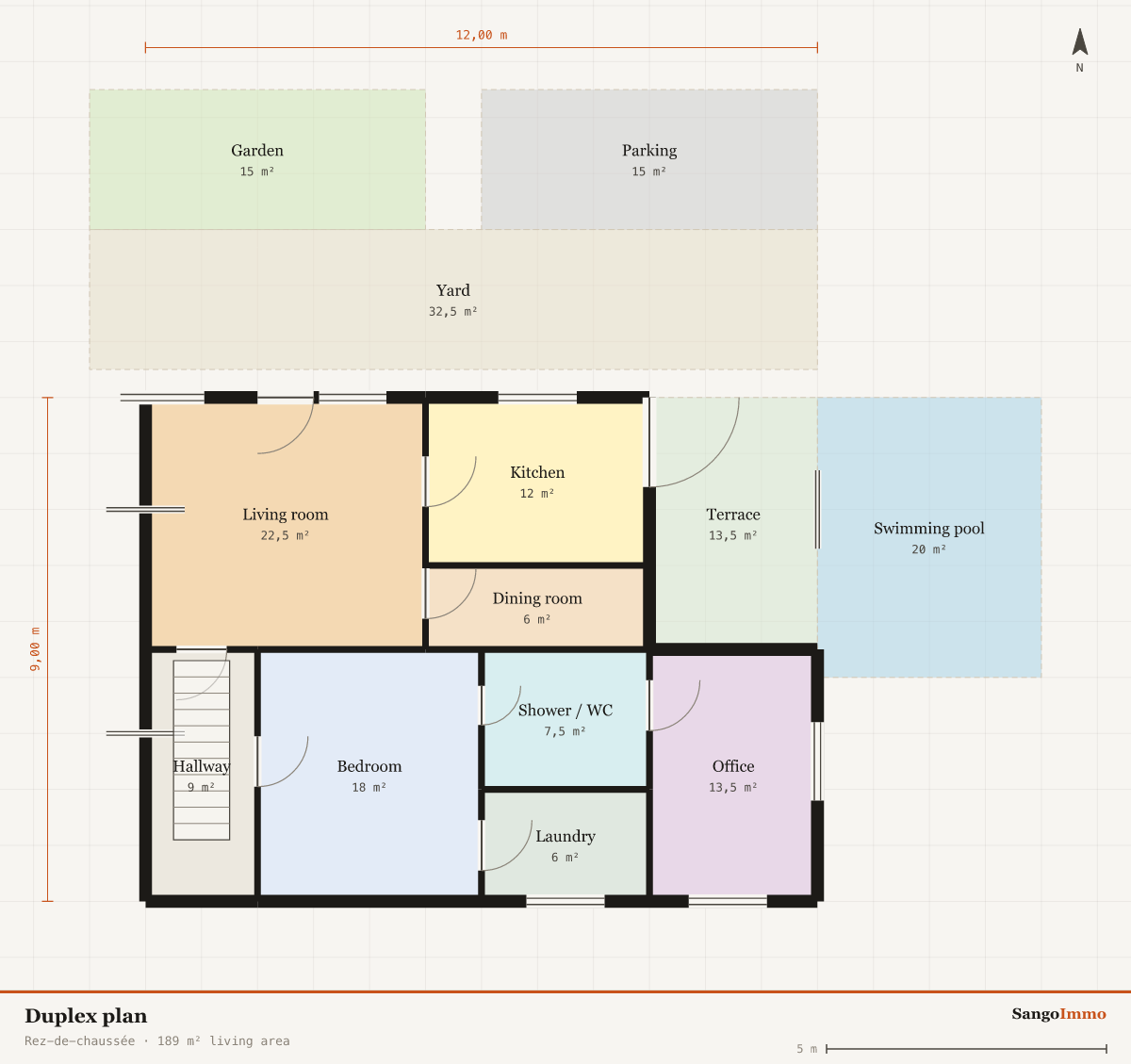 Dimensioned floor plan of a duplex, Rez-de-chaussée: 5 bedrooms, 189 m² living area, 12,00 by 9,00 m footprint.