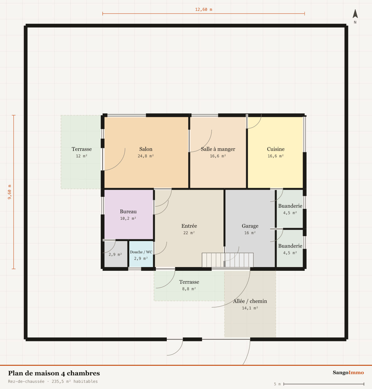 Plan coté d'une maison 4 chambres, Rez-de-chaussée : 4 chambres, 235,5 m² habitables, emprise 12,60 sur 9,60 m.