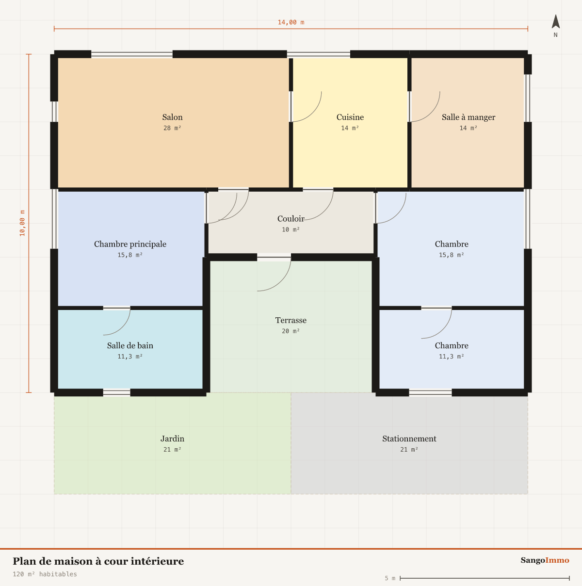 Plan coté d'une maison à cour intérieure : 3 chambres, 120 m² habitables, emprise 14,00 sur 10,00 m.